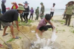 Ngư dân xã biển Đức Trạch (huyện Bố Trạch, Quảng Bình) cùng lực lượng biên phòng thu gom, chôn lấp cá chết dạt vào bờ. (Ảnh: Võ Dung/TTXVN)