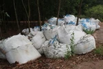 Các bao tải chứa chất thải màu trắng dạng mùn giống như cát, vôi bột được chất 2 bên đường đi. (Ảnh: Lê Xuân/TTXVN)