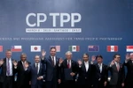 Bộ trưởng Bộ Công Thương Việt Nam Trần Tuấn Anh (phải) cùng đại diện các nước tham gia lễ ký Hiệp định CPTPP ở Santiago của Chile, ngày 8/3/2018. (Ảnh: AFP/TTXVN)