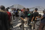 Người tị nạn Syria xếp hàng nhận thức ăn cứu trợ tại một trại tạm ở Ras al-Ain, giáp giới với Thổ Nhĩ Kỳ. (Nguồn: AFP/TTXVN) 