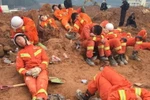 Nhân viên và chó cứu hộ ngủ ngay tại hiện trường lở đất ở Trung Quốc