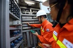 Công nhân Công ty Truyền tải điện 1 kiểm tra thiết bị TBA 220 kV Xuân Mai. (Ảnh: Huy Hùng/TTXVN)