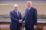 Tổng thống Nga Vladimir Putin (trái) và người đồng cấp Thổ Nhĩ Kỳ Recep Tayyip Erdogan (phải) tại cuộc gặp ở Istanbul ngày 8/1/2020. (Ảnh: AFP/TTXVN)
