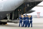 Binh sỹ Ukraine chuyển quan tài các nạn nhân cuối cùng của vụ rơi máy bay MH17 lên máy bay của Không lực Hoàng gia Hà Lan. (Nguồn: AFP/TTXVN)