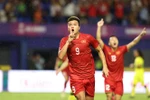 Niềm vui của Văn Tùng (9) sau khi ghi bàn nâng tỷ số lên 2-0 cho U22 Việt Nam. (Ảnh: Hoàng Linh/TTXVN)