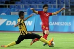 U23 Malaysia (áo vàng đen) đối mặt nguy cơ bị loại sớm. (Ảnh: Quốc Khánh/TTXVN)