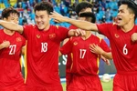 Các cầu thủ U23 Việt Nam ăn mừng bàn thắng mở tỷ số, cũng là bàn thắng duy nhất của trận đấu từ pha đánh đầu hiểm hóc của Trần Bảo Toàn ở phút 45+1. (Ảnh: VFF/TTXVN phát) 