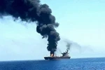 Con tàu bị lực lượng Houthi tấn công trên Biển Đỏ. (Ảnh: IRNA/TTXVN)
