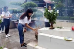 Thanh niên, sinh viên kiều bào tiêu biểu thắp hương tại khu mộ 10 liệt sỹ thanh niên xung phong tại Khu di tích Ngã ba Đồng Lộc. (Ảnh: Công Tường/TTXVN)