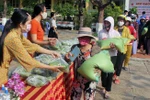 Ngoài gạo còn có các phần rau xanh hỗ trợ cho người dân gặp khó khăn. (Ảnh: Xuân Triệu/TTXVN)