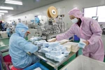 Công nhân may khẩu trang y tế tại một nhà máy ở Vũ Hán, Trung Quốc. (Nguồn: THX/TTXVN)