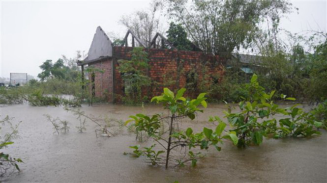 Nhiều xã vùng trũng của huyện Hải Lăng, tỉnh Quảng Trị ngập sâu trong nước. (Ảnh: Thanh Thủy/TTXVN)