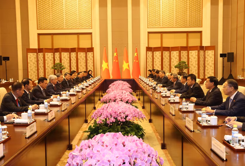 Quang cảnh buổi hội kiến. (Ảnh: Trí Dũng/TTXVN)