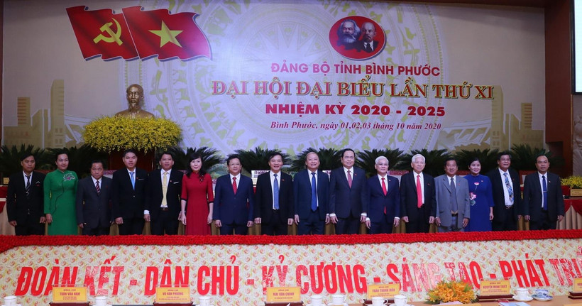 Bí thư Trung ương Đảng, Chủ tịch Ủy ban Trung ương Mặt trận Tổ quốc Việt Nam Trần Thanh Mẫn cùng các lãnh đạo tỉnh Bình Phước tại Đại hội. (Ảnh: Sỹ Tuyên/TTXVN)