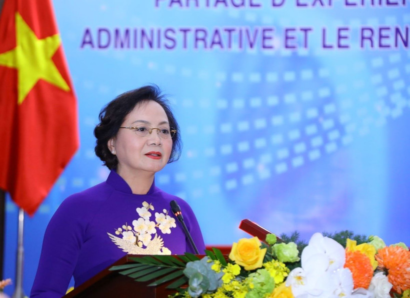 Bộ trưởng Bộ Nội vụ Phạm Thị Thanh Trà phát biểu khai mạc hội thảo. (Ảnh: Văn Điệp/TTXVN)