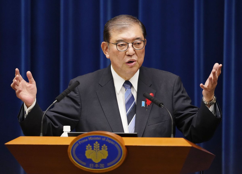 Thủ tướng Nhật Bản Shigeru Ishiba trong cuộc họp báo ở Tokyo ngày 9/10/2024. (Ảnh: Kyodo/TTXVN)