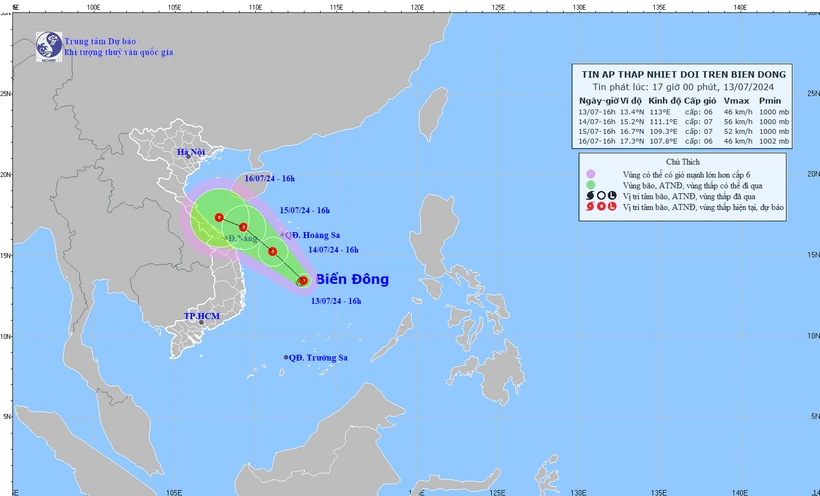 Vị trí và đường đi của áp thấp nhiệt đới. (Nguồn: Trung tâm Dự báo Khí tượng Thủy văn Quốc gia)
