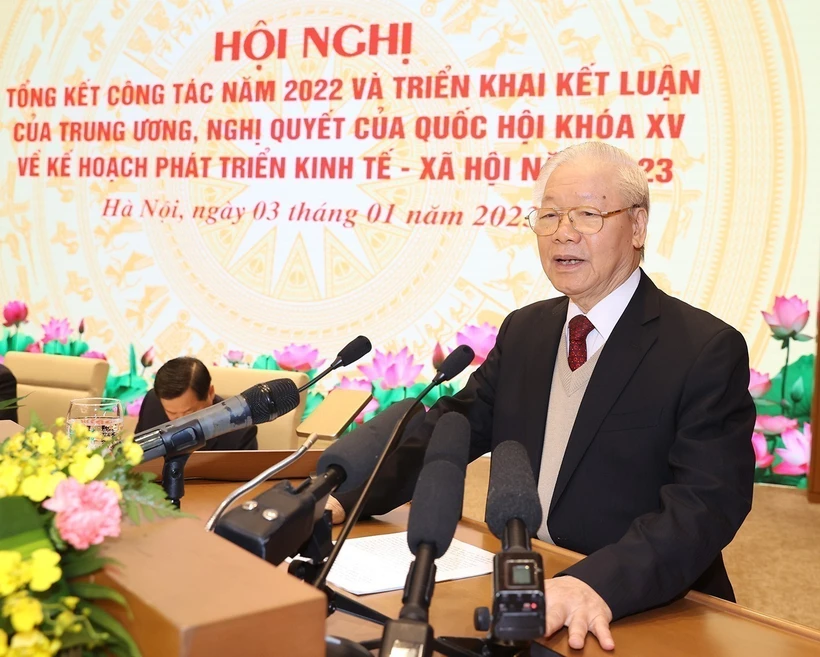 Tổng Bí thư Nguyễn Phú Trọng phát biểu chỉ đạo Hội nghị triển khai Kế hoạch phát triển kinh tế-xã hội năm 2023 (Hà Nội, 3/1/2023). (Ảnh: Trí Dũng/TTXVN)