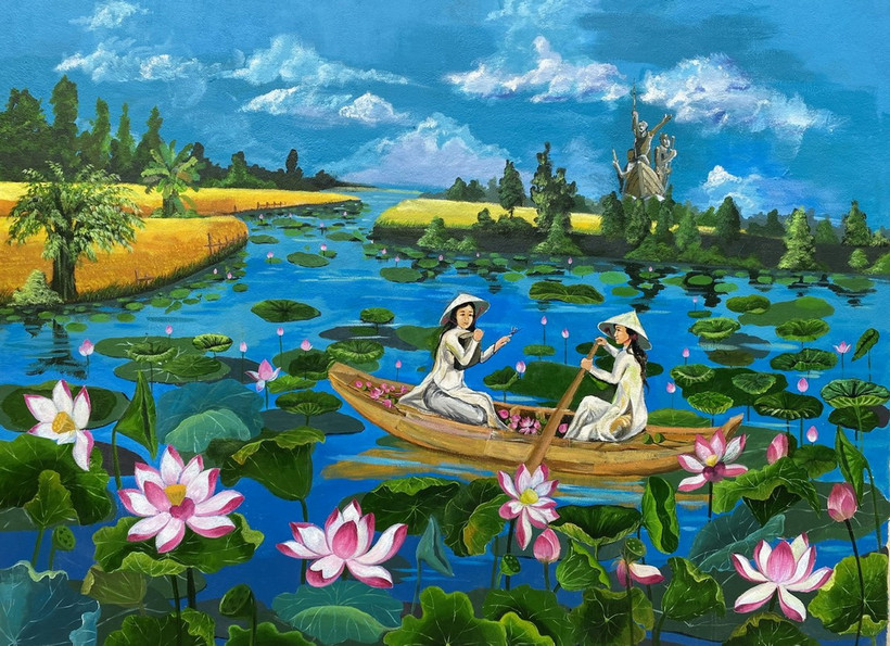 Tác phẩm bích họa 'Sen vùng biên rạng ngời khoe sắc' của Trường Trung học Cơ sở và Trung học Phổ thông Giồng Thị Đam (huyện Tân Hồng). (Ảnh: TTXVN phát)