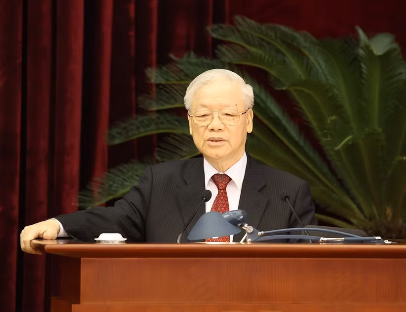 Tổng Bí thư Nguyễn Phú Trọng phát biểu bế mạc Hội nghị lần thứ tám Ban Chấp hành Trung ương Đảng Cộng sản Việt Nam khóa XIII tháng 10/2023. (Ảnh: Trí Dũng/TTXVN)