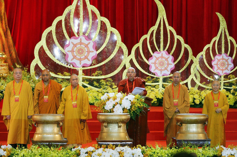 Đại diện của Tổ chức Vesak Liên hợp quốc đọc Tuyên bố Hà Nam-Vesak 2019. (Ảnh: Nguyễn Dân/TTXVN)