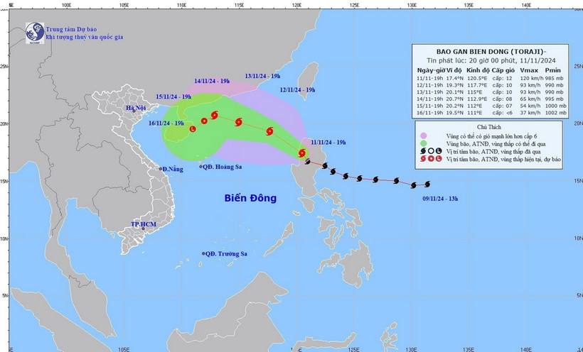 Đường đi của bão Toraji lúc 19h ngày 11/11/2024. (Ảnh: TTXVN phát)