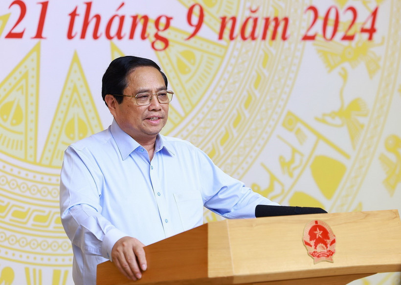 Thủ tướng Phạm Minh Chính chủ trì Hội nghị Thường trực Chính phủ làm việc với các ngân hàng thương mại cổ phần về các giải pháp góp phần phát triển kinh tế-xã hội. (Ảnh: Dương Giang/TTXVN)