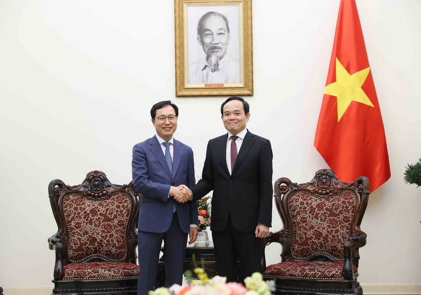 Phó Thủ tướng Trần Lưu Quang tiếp Tổng giám đốc Tổ hợp Samsung Việt Nam Choi Joo Ho. (Ảnh: An Đăng/TTXVN)