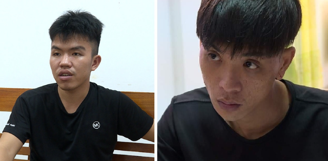 Võ Thành Long (trái) và Vũ Thành Huy tại cơ quan công an. (Ảnh do công an cung cấp)