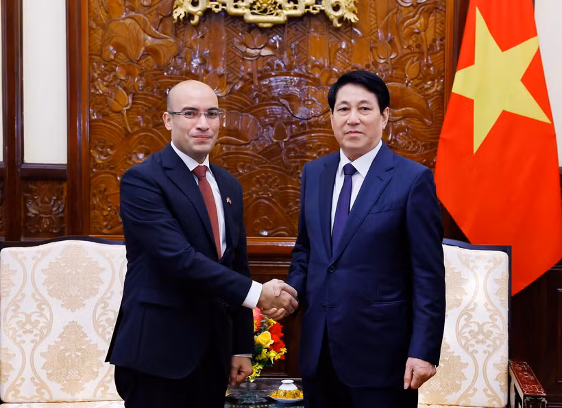 Chủ tịch nước Lương Cường tiếp Đại sứ Cộng hòa Algeria Dân chủ và Nhân dân Sofiane Chaib đến chào từ biệt. (Ảnh: Lâm Khánh/TTXVN)
