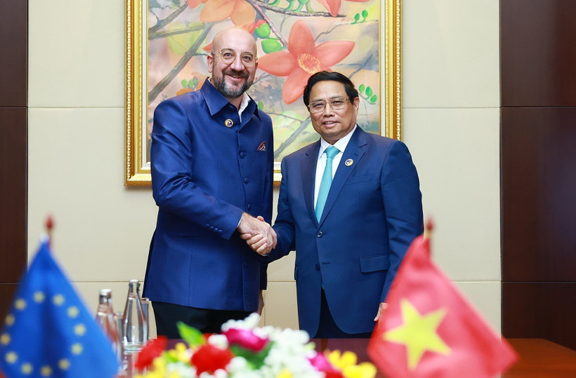 Thủ tướng Phạm Minh Chính gặp Chủ tịch Hội đồng châu Âu Charles Michel. (Ảnh: Dương Giang/TTXVN)
