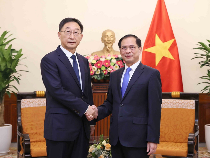 Phó Thủ tướng Bùi Thanh Sơn, Bộ trưởng Ngoại giao Bùi Thanh Sơn với ông Lưu Ninh, Bí thư Khu ủy, Chủ nhiệm Ủy ban Thường vụ Nhân đại Khu tự trị dân tộc Choang Quảng Tây (Trung Quốc). (Ảnh: An Đăng/TTXVN)