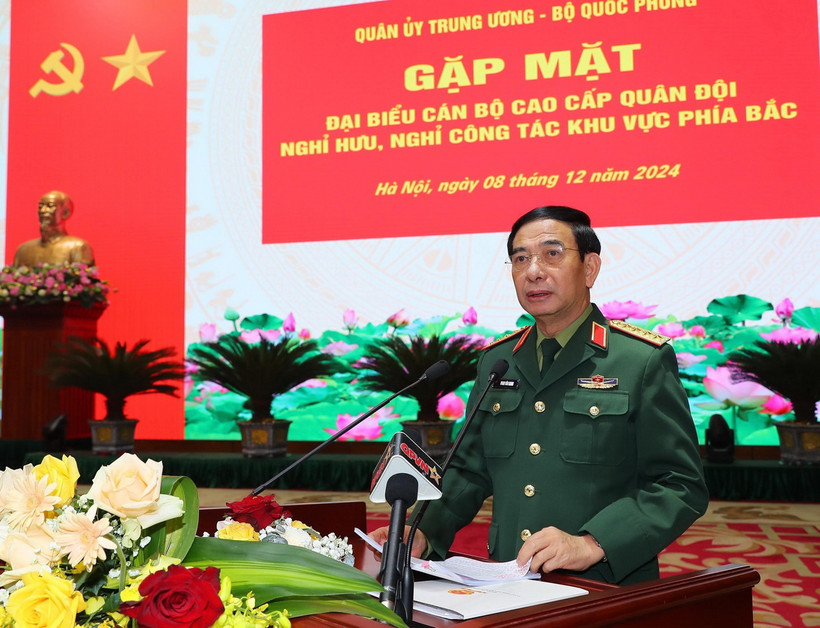 Đại tướng Phan Văn Giang, Ủy viên Bộ Chính trị, Bộ trưởng Bộ Quốc phòng phát biểu. (Ảnh: Trọng Đức/TTXVN)