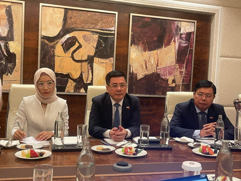 Bộ trưởng Bộ Công Thương Nguyễn Hồng Diên (Giữa) trao đổi về hợp tác năng lượng giữa Malaysia và Việt Nam tại cuộc họp. (Ảnh: Thành Trung/TTXVN)