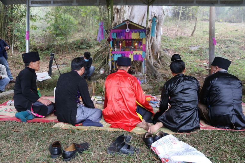 Lễ Xên đông được bắt đầu bằng nghi thức cúng rừng, được tổ chức dưới gốc một cây đa cổ thụ hàng trăm năm tuổi. (Nguồn: Vietnam+)