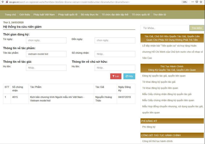Bà Trần Tám tra niên giám về đăng ký bản quyền được công bố công khai trên website của Cục Bản quyền Tác giả.
