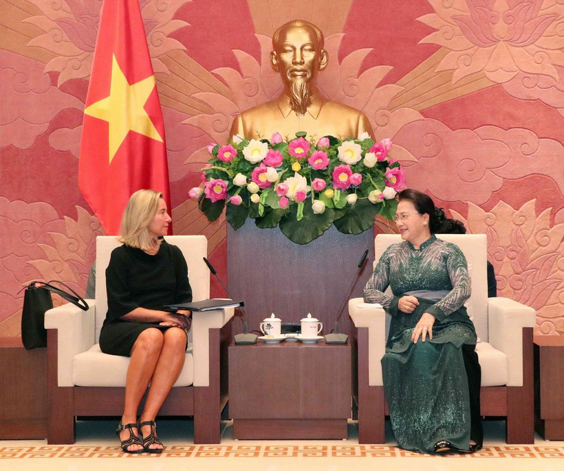 Chủ tịch Quốc hội Nguyễn Thị Kim Ngân tiếp bà Federica Mogherini, Phó Chủ tịch Ủy ban châu Âu, đại diện cấp cao của Liên minh châu Âu (EU) về chính sách Đối ngoại và An ninh. (Ảnh: Văn Điệp/TTXVN)