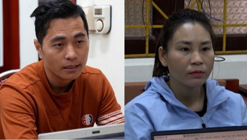 Hai đối tượng Nông Văn Âu và Nguyễn Thị Vinh tại cơ quan công an. (Ảnh: TTXVN phát) 