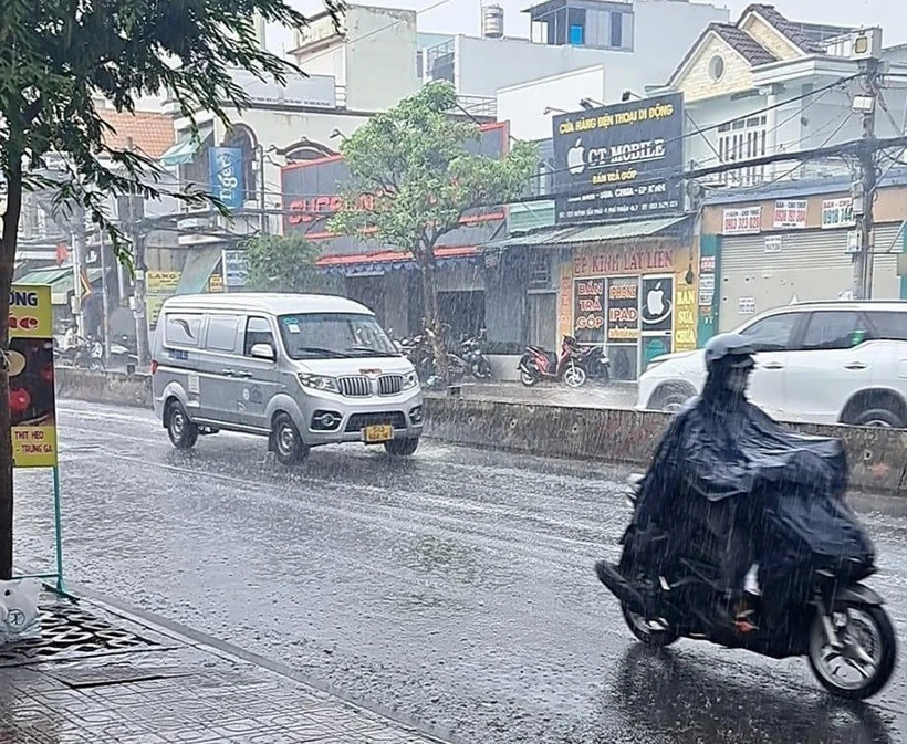 Mưa tại khu vực đường Huỳnh Tấn Phát (quận 7). (Ảnh: Hồng Giang/TTXVN)