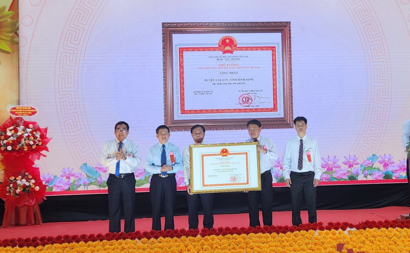 Phó Thủ tướng Hồ Đức Phớc trao quyết định công nhận Nông thôn mới cho lãnh đạo huyện Tây Sơn. (Ảnh: Sỹ Thắng/TTXVN)