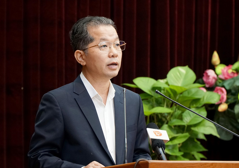 Ủy viên Trung ương Đảng, Bí thư Thành ủy Đà Nẵng Nguyễn Văn Quảng phát biểu tại Hội nghị. (Ảnh: Quốc Dũng/TTXVN)