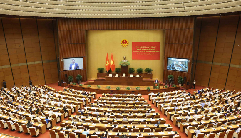 Quang cảnh Hội nghị toàn quốc quán triệt, triển khai thực hiện Nghị quyết Hội nghị lần thứ mười Ban Chấp hành Trung ương Đảng khóa XIII tại điểm cầu Trung ương. (Ảnh: Phương Hoa/TTXVN)