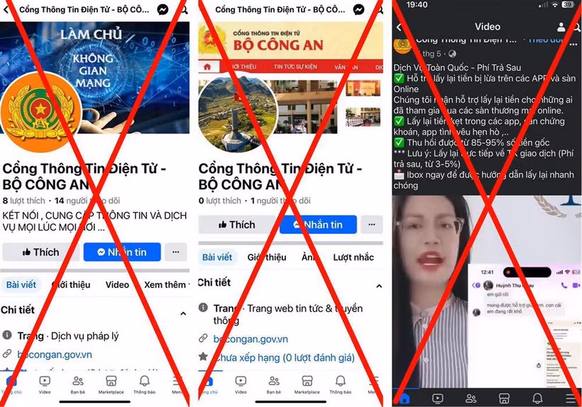 Một số trang thông tin mạo danh Cổng Thông tin Điện tử Bộ Công an trên Facebook.