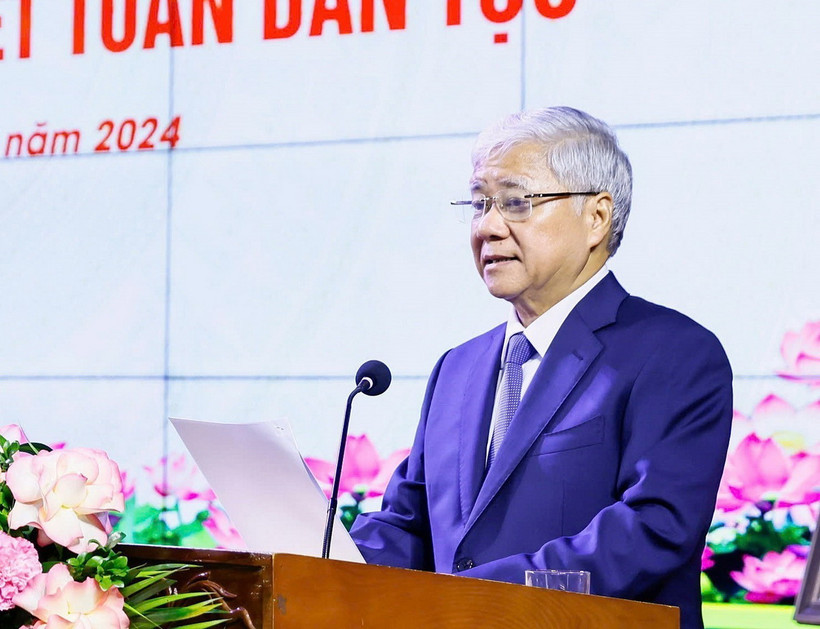 Ủy viên Bộ Chính trị, Bí thư Trung ương Đảng, Chủ tịch Ủy ban Trung ương Mặt trận Tổ quốc Việt Nam Đỗ Văn Chiến phát biểu. (Ảnh: TTXVN)