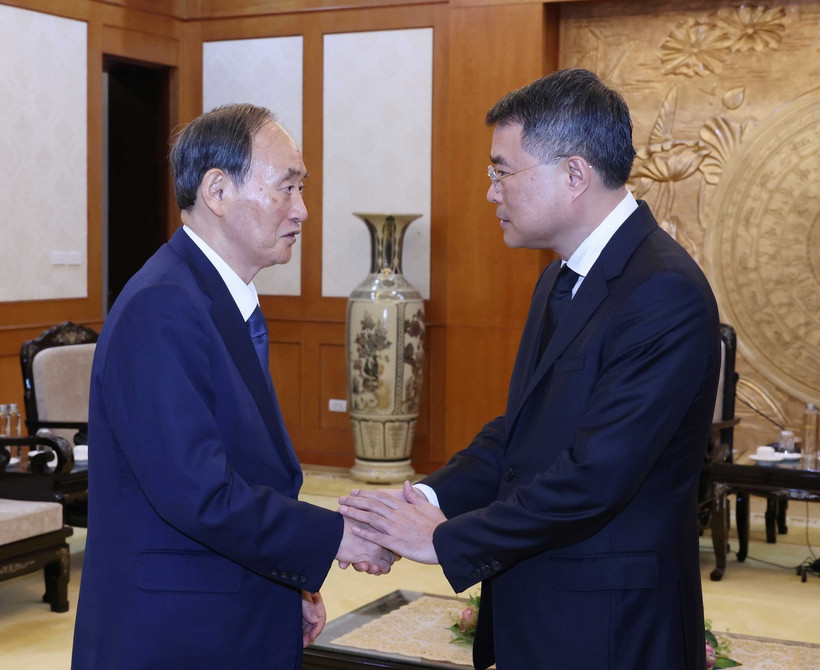Trưởng Ban Tổ chức Trung ương Lê Minh Hưng tiếp Thủ tướng Nhật Bản Suga Yoshihide. (Ảnh: Phương Hoa/TTXVN)
