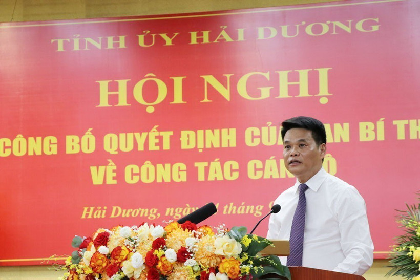 Phó Bí thư Tỉnh ủy Hải Dương Lê Ngọc Châu phát biểu nhận nhiệm vụ. (Ảnh: Mạnh Minh/TTXVN)