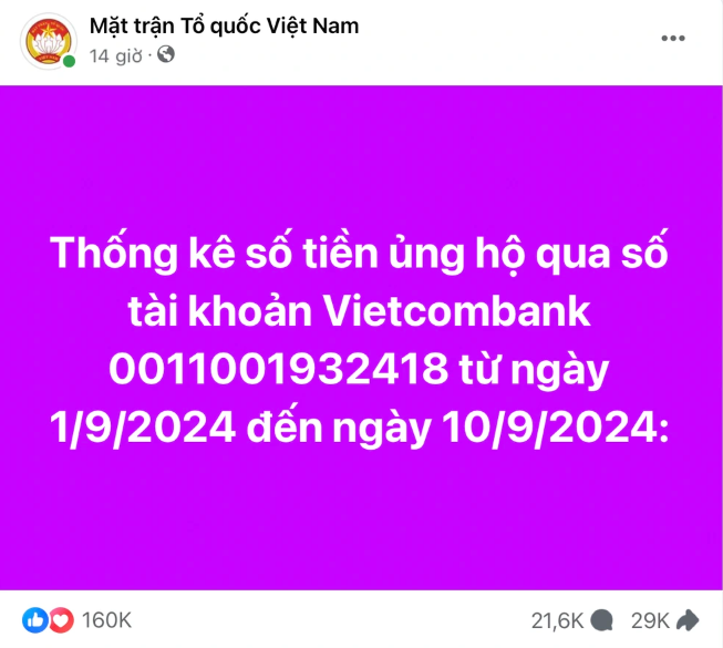 Trang fanpage trên Facebook của Mặt trận Tổ quốc Việt Nam công khai danh sách tổ chức, cá nhân ủng hộ đồng bào vùng bão lũ.