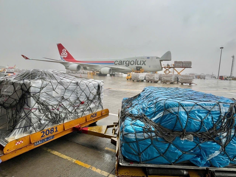 Hàng hóa viện trợ chủ yếu là bộ đèn pin LED năng lượng mặt trời, bộ đồ dùng và dụng cụ bếp, bộ lọc nước và lều đa chức năng. (Ảnh: TTXVN phát)