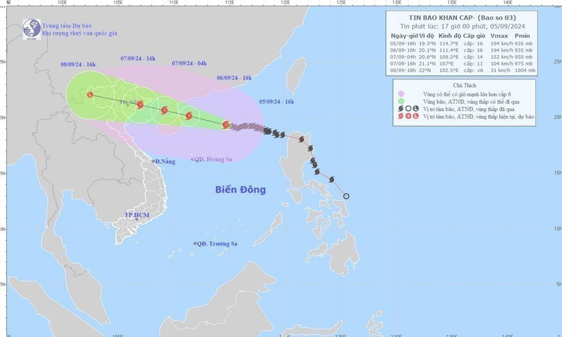 Đường đi của Bão số 3 cập nhật lúc 16 giờ ngày 5/9/2024. (Ảnh: TTXVN phát)