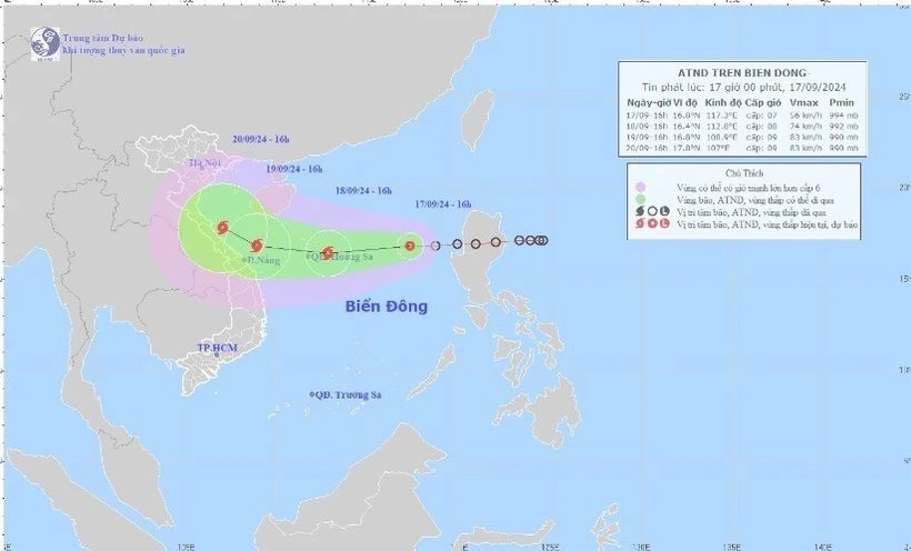 Hướng di chuyển của áp thấp nhiệt đới. (Ảnh: TTXVN phát)